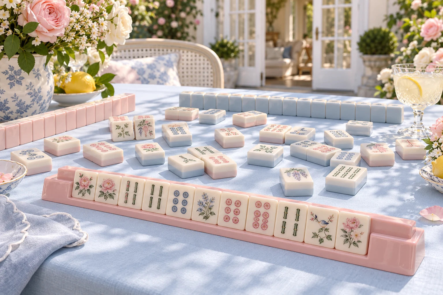 AI concept of pastel Great British Mahjong Company mahjong tiles and a blush rack on a sunlit powder-blue table